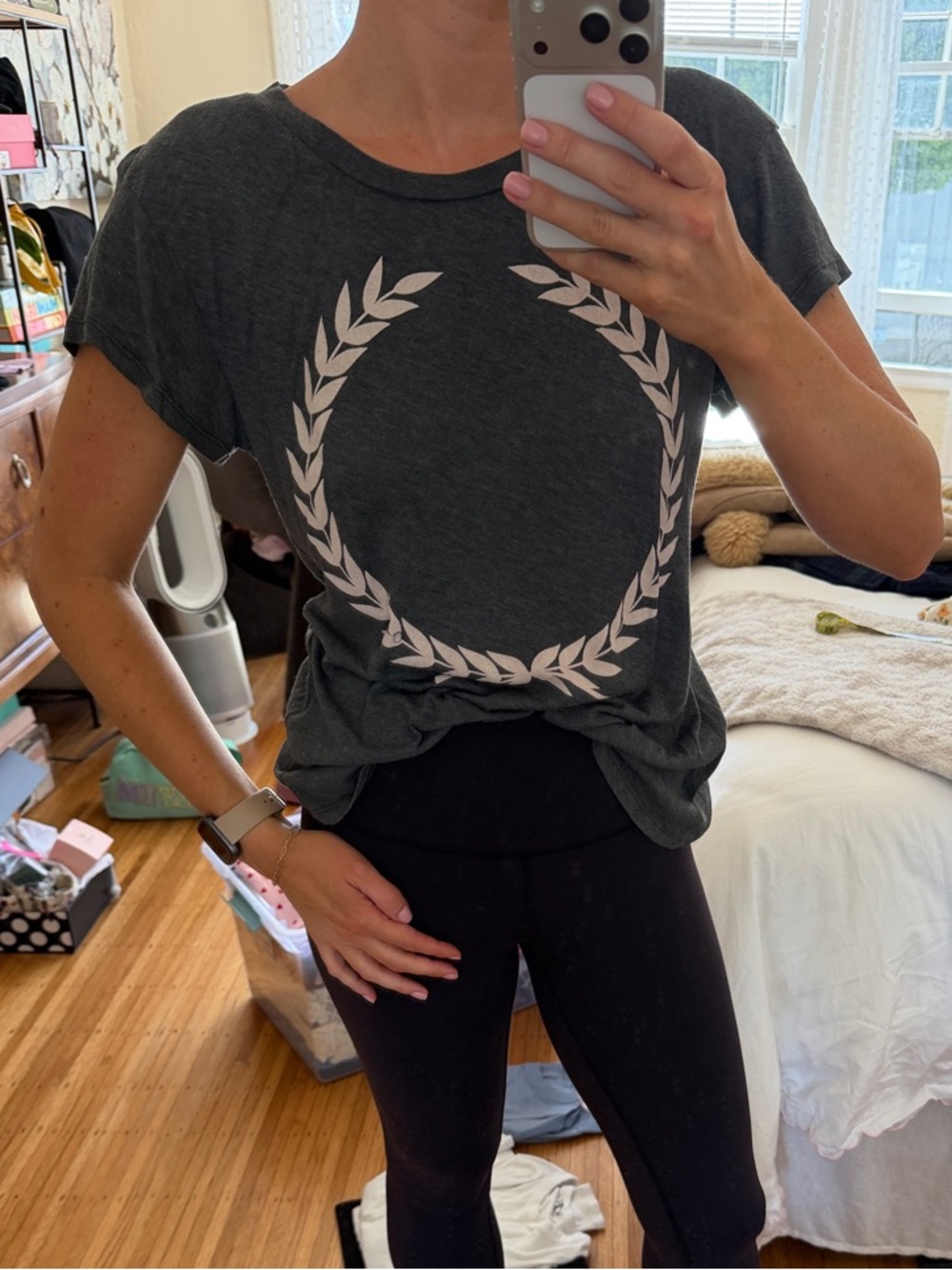 Wildfox Charcoal Gray Short Sleeve Tee with Pale Pink Laurel Wreath